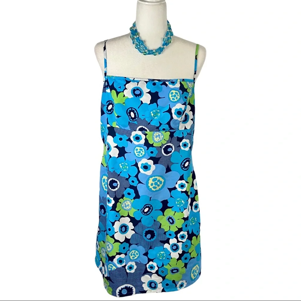 Reversible Sundress Mod Floral / Diagonal Stripes Blue Green Size Large - Picture 1 of 15